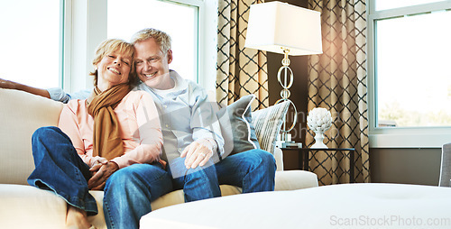 Image of Relax, home and portrait of mature couple on sofa for bonding, healthy relationship and marriage. Retirement, home and senior man and woman on couch for love, commitment and embrace in living room