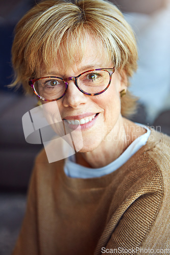 Image of Portrait, glasses or happy mature woman in house living room to relax with freedom on sofa for resting break. Apartment, face or senior person with smile or wellness in retirement, lounge or home