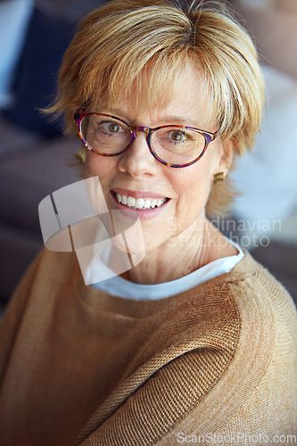 Image of Mature, relax or portrait of happy woman in glasses in house living room with freedom, pride for resting break. Apartment, face or senior person with smile or wellness in retirement, lounge or home