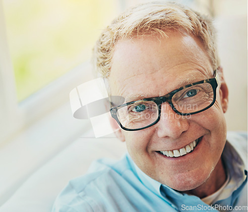 Image of Portrait, glasses or happy mature man in house living room to relax with care on sofa for resting break. Apartment, face or senior male person with smile or wellness in retirement, lounge or home
