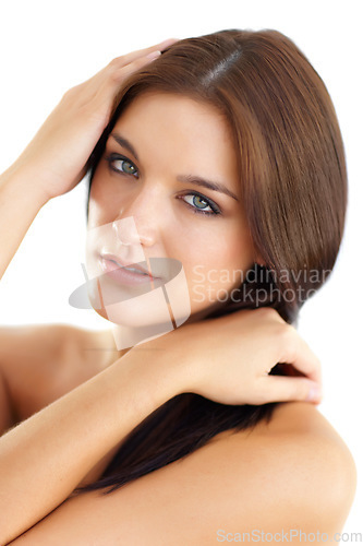 Image of Makeup, beauty and portrait of woman with skincare in studio, white background or salon. Model, face and girl with pride and confidence from cosmetics, dermatology and self care in spa for skin