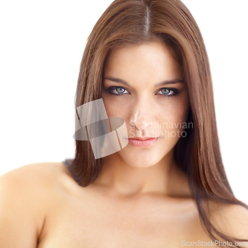 Image of Portrait, skincare and makeup with a woman in studio isolated on a white background for natural beauty or cosmetics. Face, skin and wellness with a young model looking confident in aesthetic care