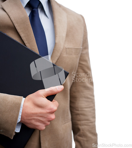 Image of Businessman, hand and holding of folder in closeup on white background in studio for corporate mockup. Male entrepreneur, boss or manager with paperwork in preparation for meeting, research or event