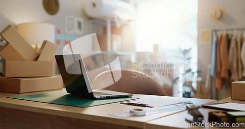 Image of Laptop, empty and logistics for e commerce in office with checklist for distribution of customer order. Retail, fashion and business for online shopping with website, internet and app for fintech