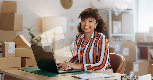 Image of Portrait, small business and happy woman with laptop in office for logistics, sales or ecommerce. Supply chain, face and female store owner online for communication, cargo or retail stock procurement