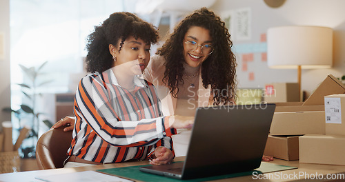 Image of Businesswoman, laptop and strategy for logistics in office for planning of delivery for retail store. Female entrepreneur, collaboration and discussion of best route for package distribution in city