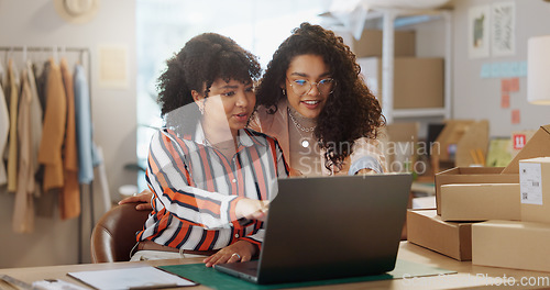 Image of Businesswoman, retail and laptop for distribution in office with discussion, strategy and plan. Female entrepreneur, fashion and collaboration of logistics for warehouse, stock or package delivery