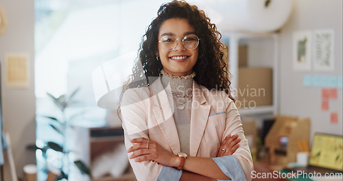 Image of Portrait, business woman and fashion designer with arms crossed in clothes store or startup. Confidence, happy tailor and face of professional, entrepreneur and creative worker in glasses in Brazil