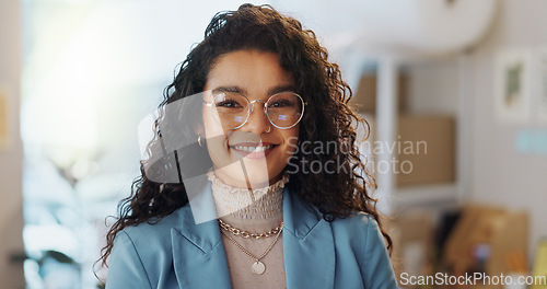 Image of Portrait, happy business woman and designer in boutique, clothes store or startup. Confidence, face of employee and professional smile, entrepreneur and creative fashion worker in glasses in Brazil
