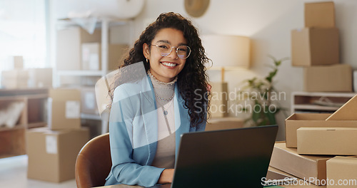 Image of Happy woman, portrait and fashion designer with laptop in small business management or logistics at boutique. Female person or entrepreneur smile with computer for inventory, ecommerce retail store