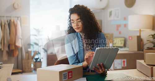 Image of Business woman, tablet and box in logistics for inventory inspection, stock take or storage check at boutique. Female person or fashion designer with technology, parcel or package for courier service