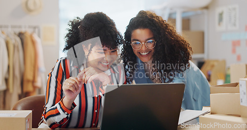 Image of Happy woman, fashion industry and smile with laptop for sales in office for retail business. Female entrepreneur, designer and excited for startup success with logistics by internet, web or app