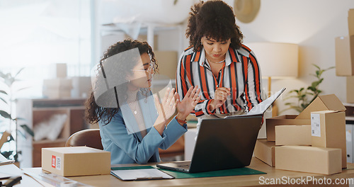 Image of Business people, laptop and boxes in planning, logistics or small business together at office. Woman in teamwork with computer in supply chain, schedule plan or inventory checklist at retail store