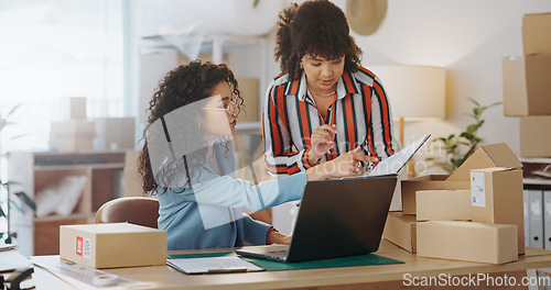 Image of Business woman, laptop and boxes in planning, logistics or small business together at office. People in teamwork with computer in supply chain, schedule plan or inventory checklist at retail store