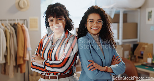 Image of Woman, portrait and small business team of professionals with arms crossed in fashion or management at boutique. Female people smile in confidence for leadership in supply chain at retail store