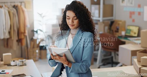 Image of Woman, fashion designer and tablet for research in logistics or small business management at boutique. Female person or entrepreneur with technology in supply chain, stock or shipping at retail store