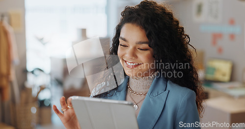 Image of Happy, boxes and woman with a tablet, business and smile with connection, internet or delivery with online order. Digital app, person or employee with ecommerce, shipping or company website with sale