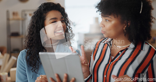 Image of Fashion, designer and women in discussion on tablet for delivery, logistics distribution or small business. Ecommerce, online shopping and people on digital tech for website, team startup or shipping
