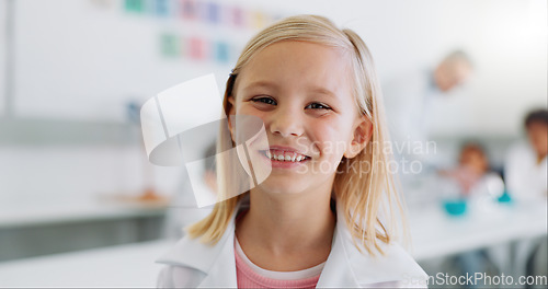 Image of Science, school and portrait of girl in classroom for chemistry lesson, knowledge and learning with smile. Laboratory, student and face of happy child for education, academy and studying on campus