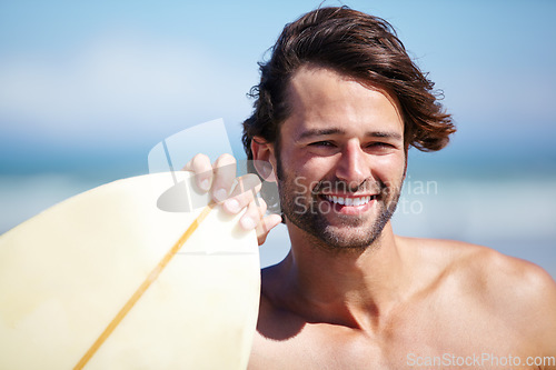 Image of Beach portrait, surfer and fitness man on sports holiday, vacation trip and smile for nature wellness, natural freedom or surf. Surfboard, happy athlete and face of surfer on tropical island paradise