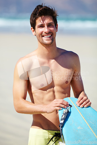 Image of Beach portrait, surfboard and happy man on sports holiday adventure, travel vacation and smile for hobby, activity or surfing. Exercise, workout or summer surfer ready for sea trip, practice or swim