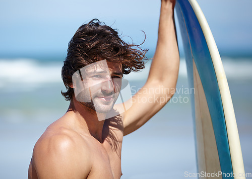 Image of Beach face, surfboard and sports man thinking of holiday, vacation or Spain getaway for surf training, practice or outdoor wellness. Summer break, sunshine and relax surfer looking at nature view