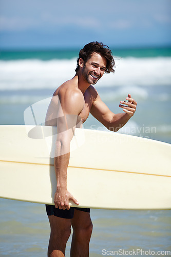 Image of Beach surfboard, sports and man portrait with join, come or invitation gesture for surf trip, sea waves or Portugal surfing training. Invite, sunshine or outdoor surfer happy for holiday travel