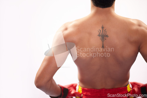 Image of Sports, strong back or mma person, boxer or fighter ready for muay thai contest, competition or fight challenge. Muscle, battle or studio athlete training, fitness or boxing pride on white background