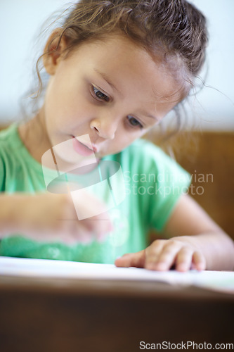 Image of Drawing, student and girl with education, classroom and creativity with ideas, learning and thinking. Person, child and kid with a notebook, study and inspiration with art, school and productivity