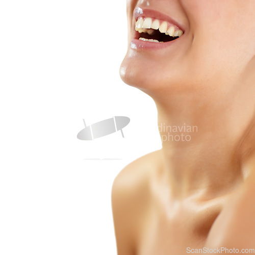 Image of Smile, dental teeth and beauty of woman in studio isolated on a white background mockup space. Mouth, closeup and funny model laugh, healthy tooth and natural gums, skin wellness and orthodontics