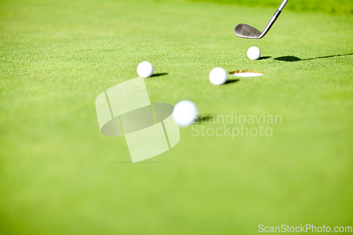 Image of Sports, golf ball and club for practice on field for match, competition or game in summer tournament. Tee time, recreation hobby and equipment for player on course, driving range or grass on turf