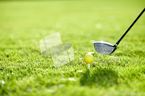 Image of Golf, tee and ball with club on field by ready with swing to hit in hole on driving range in closeup. Sports, training and fitness with challenge for dedication, practice and skill for game in summer