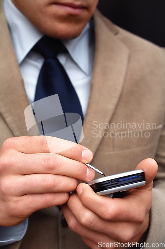 Image of Closeup, businessman and hand for phone for online calendar, emails or messages. Person, corporate or professional with mobile app for connection of meetings, schedule and communication with staff