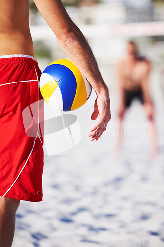 Image of Beach sand, hand or sports person with volley ball for game, competition or nature challenge. Volleyball practice, closeup or athlete fitness match, exercise or contest with player, opponent or rival