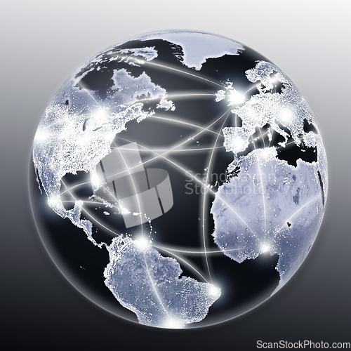 Image of Planet, earth and nodes for global communication, networking or data transfer against a studio background. Closeup of hologram, globe or graphic illustration of networks, cyber or internet speed