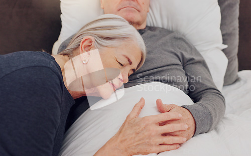 Image of Care, bed and senior couple in home for bonding, relationship and hug for recovery in home. Marriage, retirement and elderly man and woman embrace in bedroom for healthcare, nursing and wellness