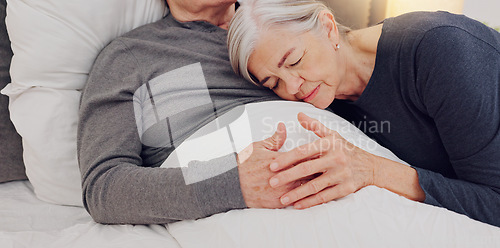 Image of Hug, bed and senior couple in home for bonding, relationship and care for recovery in home. Marriage, retirement and elderly man and woman embrace in bedroom for healthcare, nursing and wellness