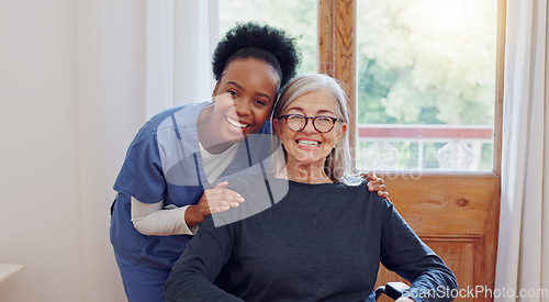 Image of Senior care, caregiver and old woman with wheelchair, portrait and smile in health at nursing home. Support, kindness and happy face of nurse with elderly person with disability for homecare service.