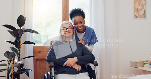 Image of Senior care, nurse and old woman with wheelchair, portrait and smile in health at nursing home. Support, kindness and happy face of caregiver with elderly person with disability for homecare service.