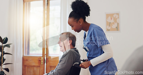 Image of Senior care, nurse and old man with wheelchair, smile and help in healthcare at nursing home. Support, kindness and caregiver with elderly person with disability for homecare, retirement and service.