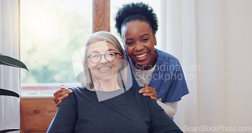 Image of Senior care, nurse and old woman with smile, portrait and health at nursing home. Support, kindness and happy face of caregiver with elderly person with retirement homecare service in house together.