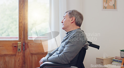 Image of Wheelchair, thinking and sad senior man in retirement home with mental health and grief. Bedroom, idea and elderly male person with disability at window with memory, lonely and dream in a house