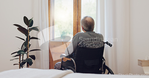 Image of Wheelchair, thinking and senior man back in retirement home with mental health and grief. Bedroom, sad and elderly male person with disability at window with memory, lonely and dream in a house