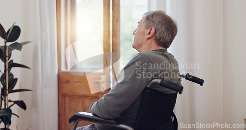 Image of Wheelchair, thinking and senior man patient in retirement home with mental health and grief. Bedroom, sad and elderly male person with disability at window with memory, lonely and dream in a house