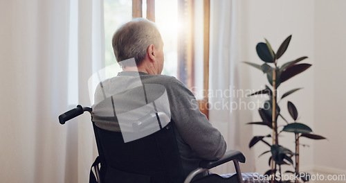 Image of Wheelchair, thinking and senior man back in care and retirement home with mental health and grief. Bedroom, sad and elderly person with disability at window with memory, lonely and dream in house