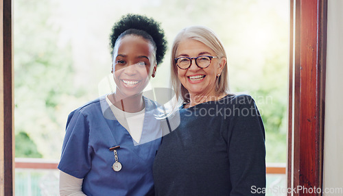 Image of Physical therapy, senior woman and portrait at a retirement home for wellness and healthy. Happy, smile and caregiver with elderly consultation at clinic with help and support of chiropractor