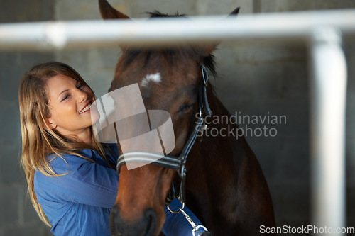 Image of Smile, stable and young woman with her horse at an outdoor farm for sports racing. Happy, training and confident female person from Canada with her equestrian animal or pet in countryside ranch.