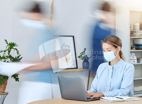 Image of Covid, laptop and planning or busy woman in office with mask for protection in workplace. Motion blur of business people in fast paced workspace with coronavirus prevention, precautions and safety.