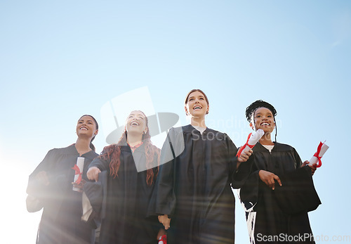 Image of Degree, graduation and graduate class student friends happy at a education success ceremony. Diversity of students and friends with a school certificate, university and college diploma outdoor