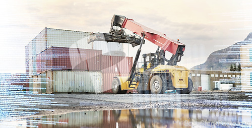 Image of Overlay, delivery and forklift truck by a container at a manufacturing supply chain for export trade outdoors. Logistics and ecommerce cargo ready for lifting, transportation and global distribution